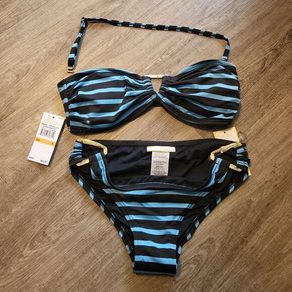 Michael Michael Kors Sophia Striped Hipster Swim suit 2 piece BLUE-Small - Picture 2 of 7